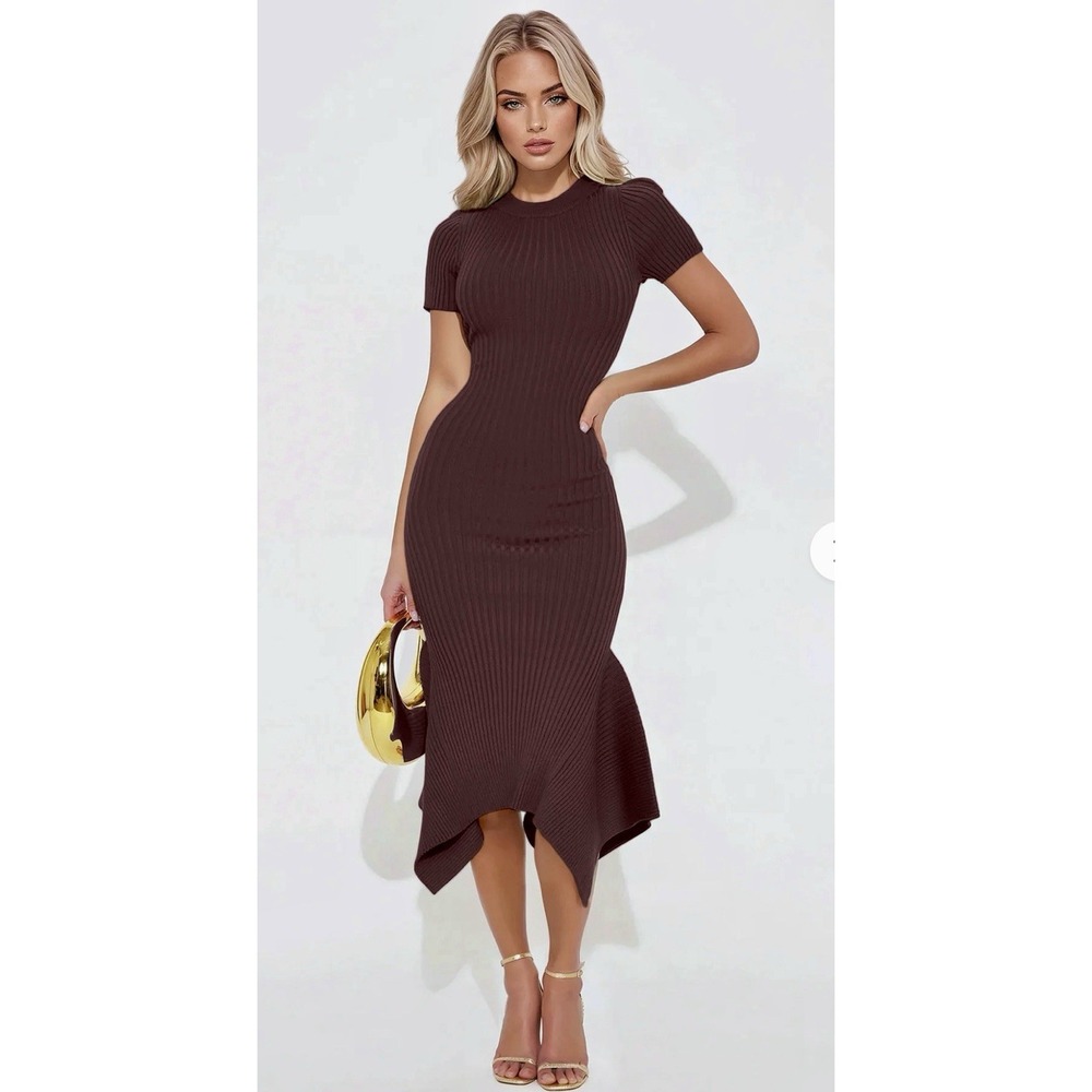 Fashion Nova Rare Catch Ribbed Midi Mermaid Bodycon Dress Chocolate Brown Medium